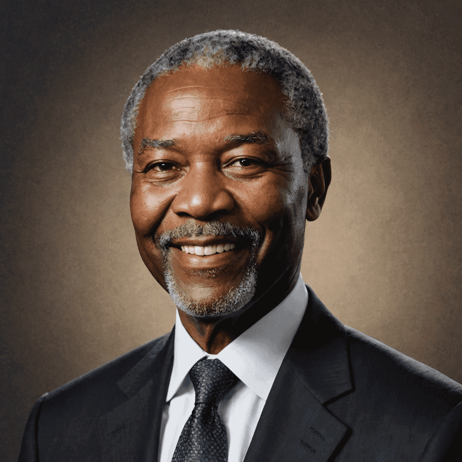 Portrait of Thabo Mbeki, a middle-aged Black man with a warm smile, wearing a professional dark suit and tie, representing the founder and lead financial advisor of Johannesburg Advisors