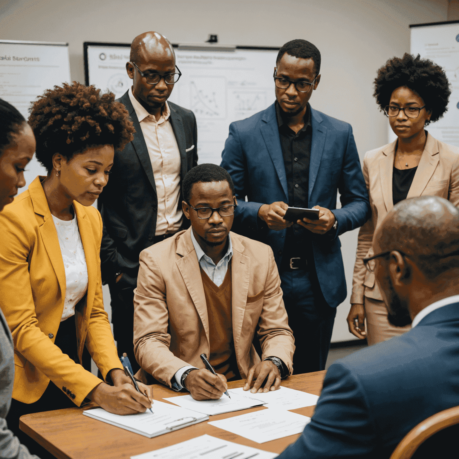 A diverse group of South African professionals engaged in a skills development workshop, with a facilitator from a consulting firm guiding them through a presentation on economic growth strategies