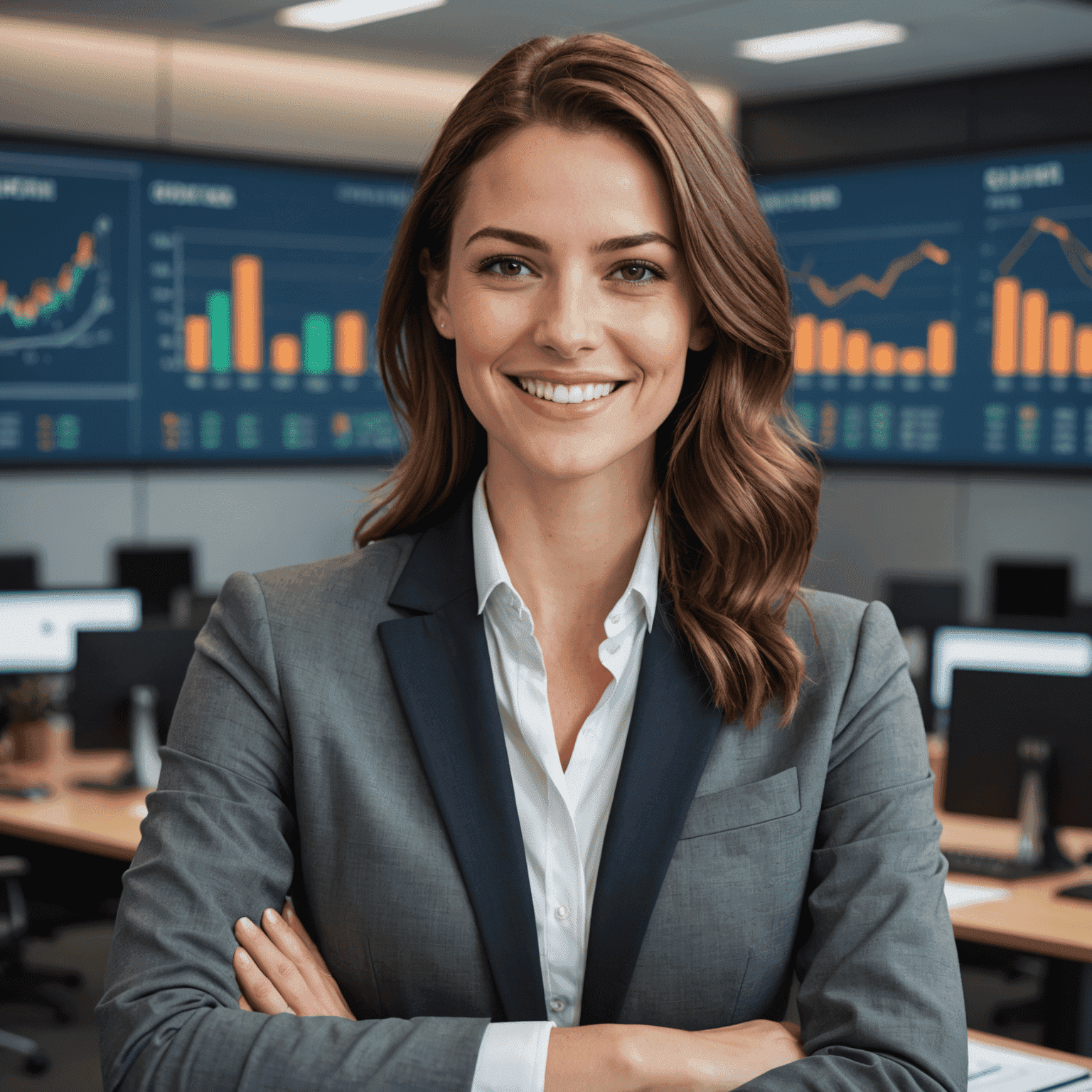 Sarah, a young woman in professional attire, smiling confidently in a modern office setting with financial charts visible in the background