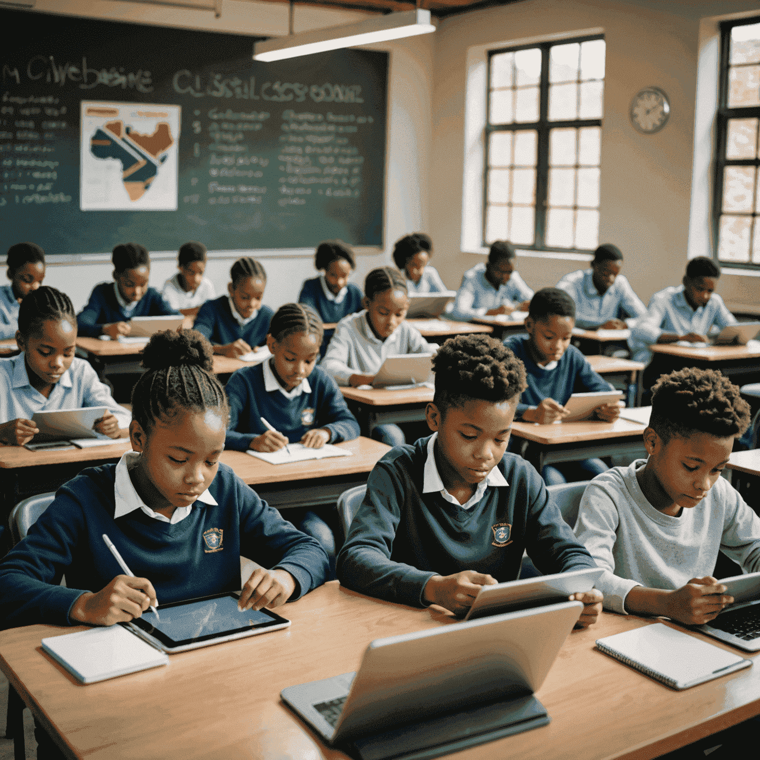 A modern classroom setting with students using tablets and laptops, symbolizing technology-driven skills development in South Africa