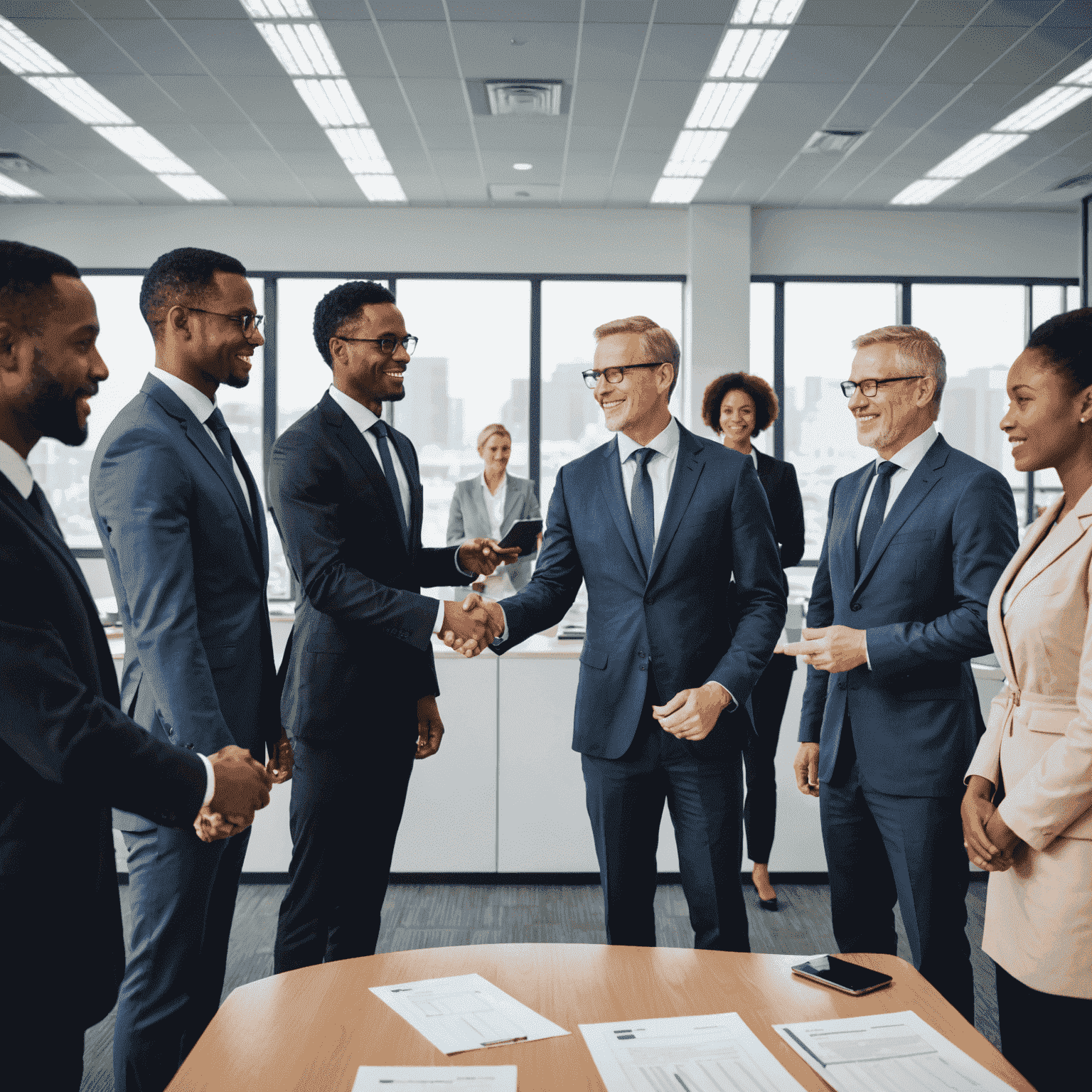 A group of diverse professionals in a modern training facility, with government officials and corporate representatives shaking hands in the foreground, symbolizing collaboration between the public and private sectors in skills development