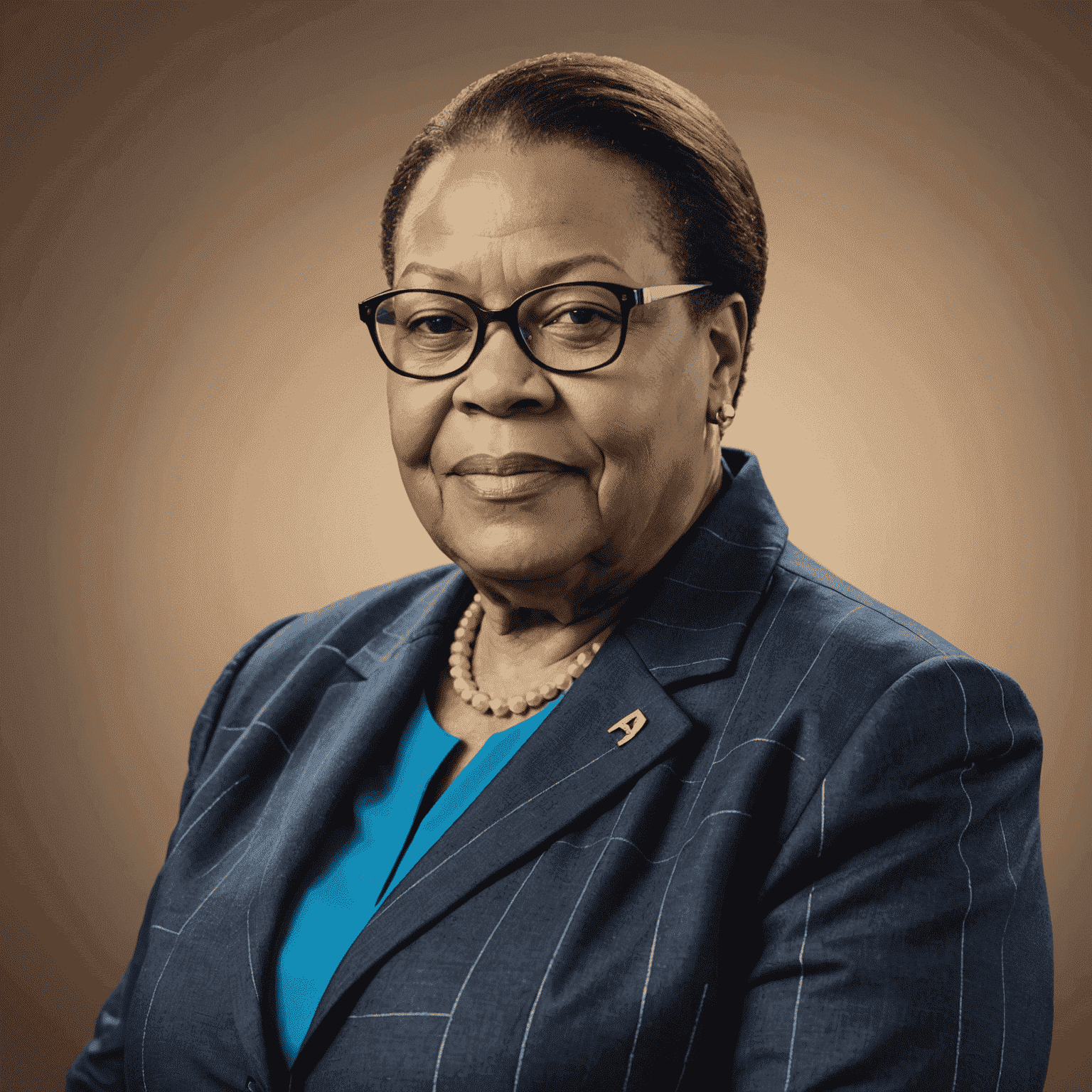 Portrait of Naledi Pandor, a Black woman in her 50s with short hair and glasses, wearing a stylish business suit, representing the head of skills development at Johannesburg Advisors