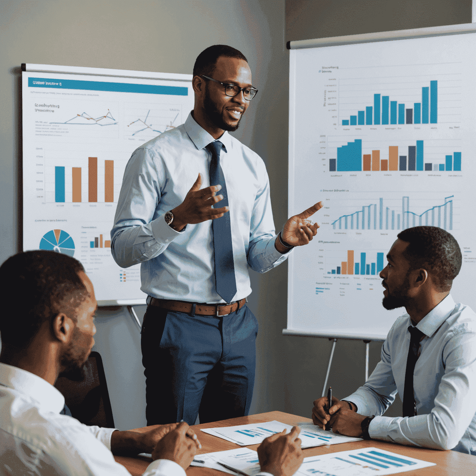 A consulting firm representative conducting a financial planning seminar for young South African entrepreneurs, with charts and graphs displaying investment strategies