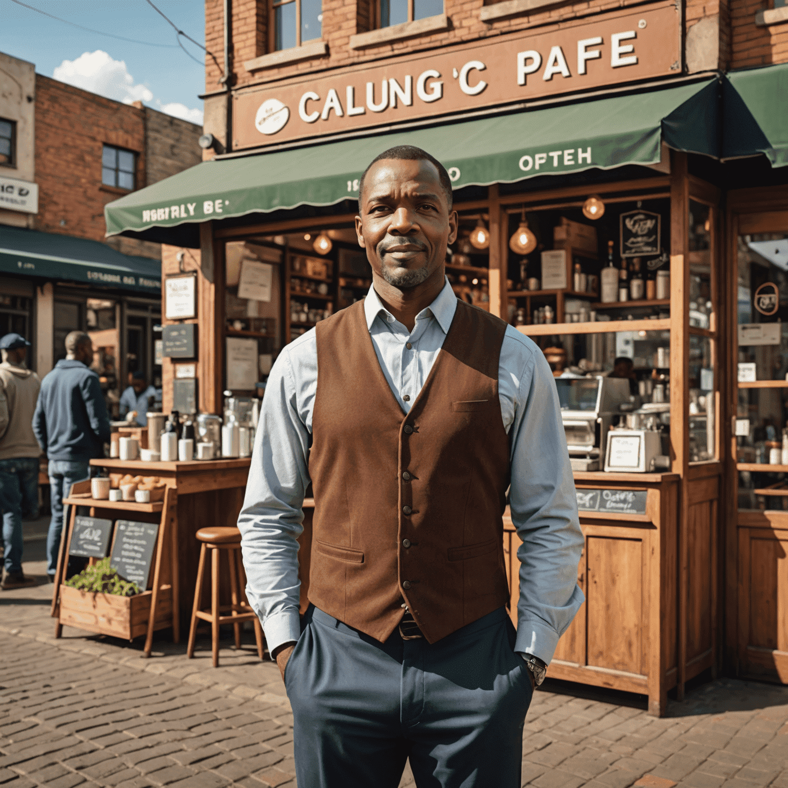 Thabo, a middle-aged man, standing proudly in front of his thriving small business, a bustling café in a busy Johannesburg street