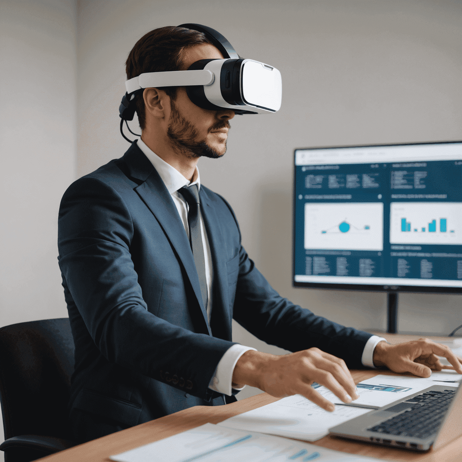 A professional using a VR headset for a financial simulation exercise, demonstrating advanced training methods in investing consulting