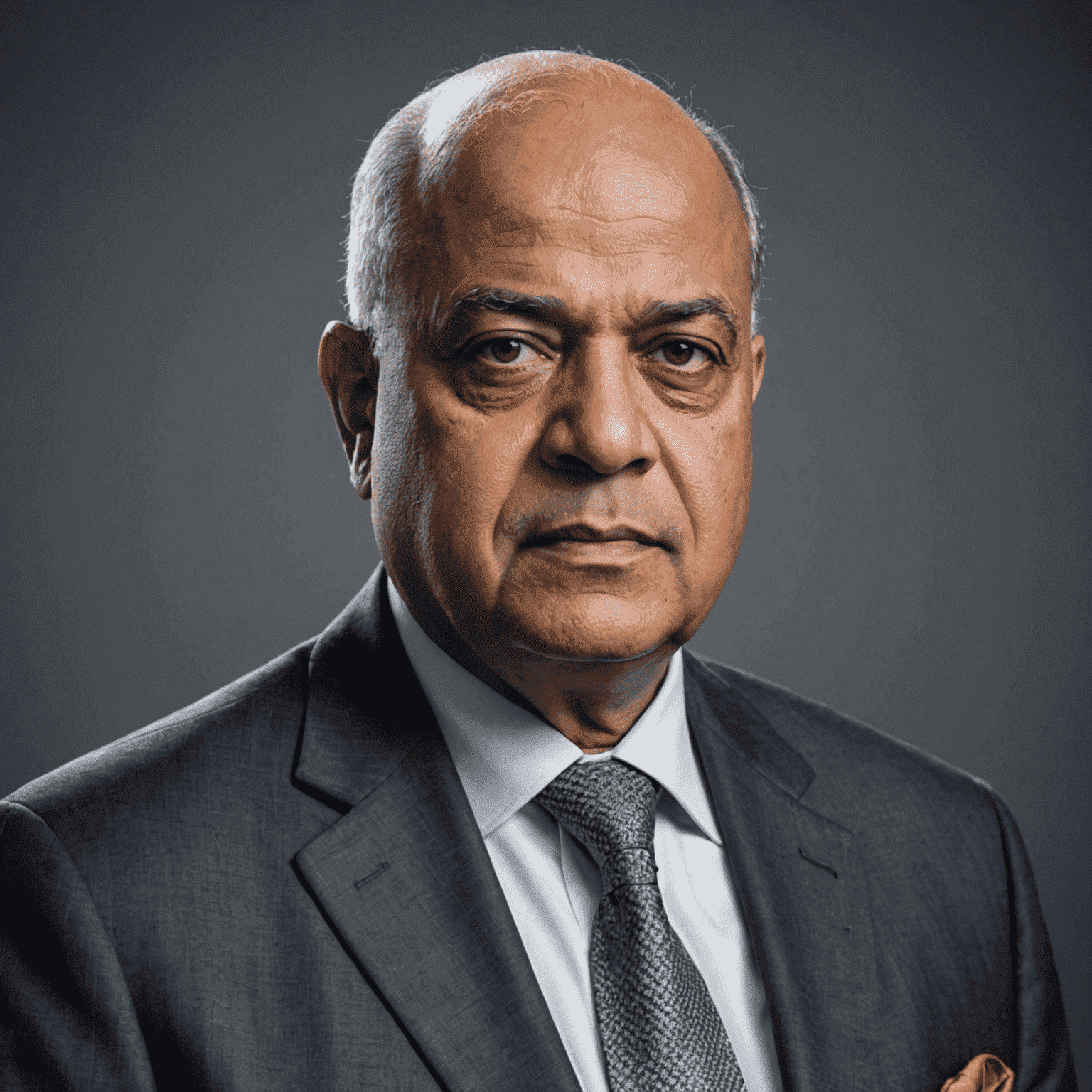 Portrait of Pravin Gordhan, an Indian South African man in his 60s with grey hair and a serious expression, wearing a conservative suit, representing the chief investment strategist at Johannesburg Advisors