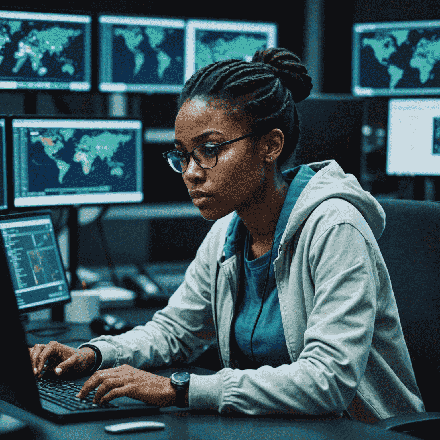 Nomsa, a young woman, intensely focused while coding on multiple computer screens in a modern tech startup environment