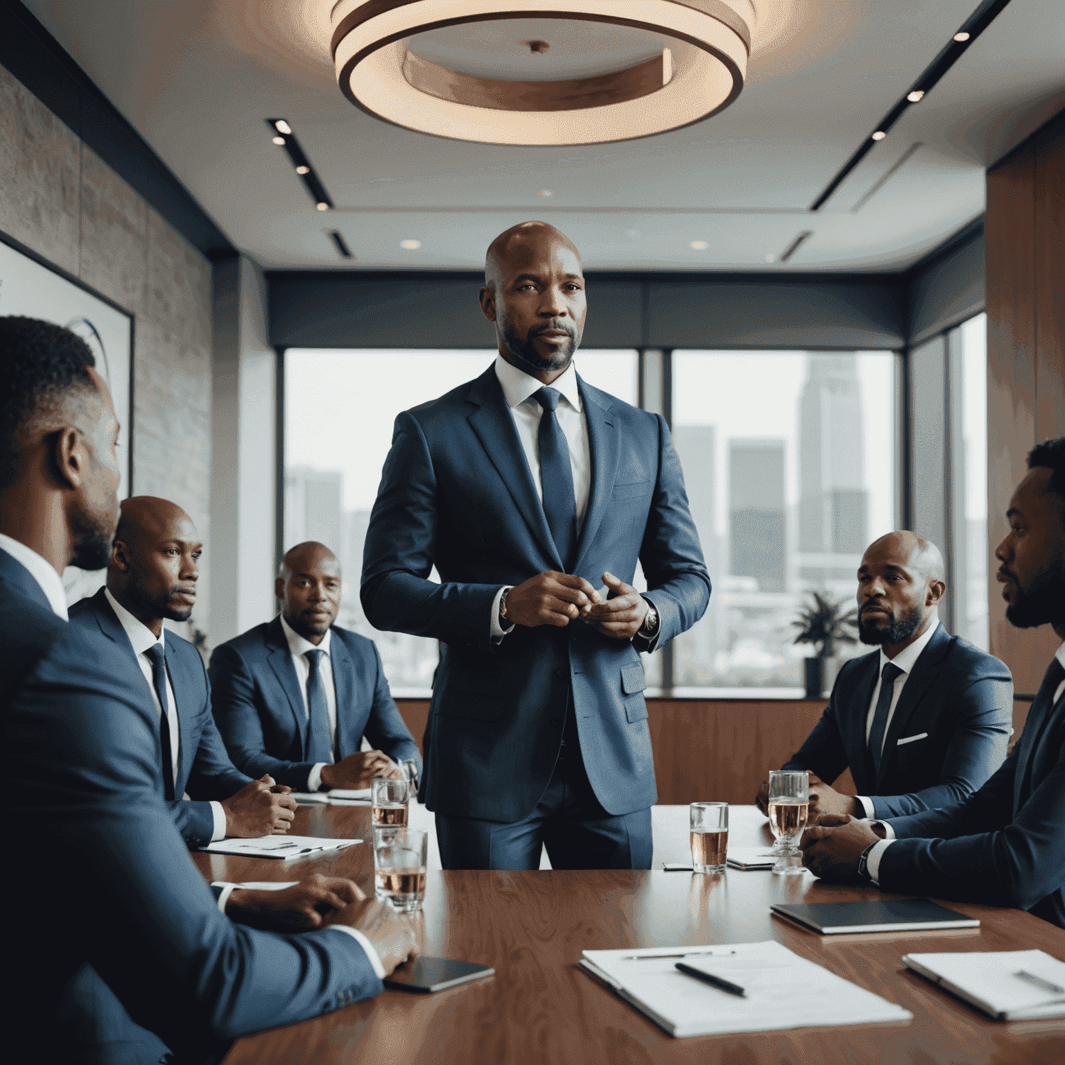 Mandla, a well-dressed man in his 40s, presenting investment strategies to a group of attentive clients in a sleek conference room