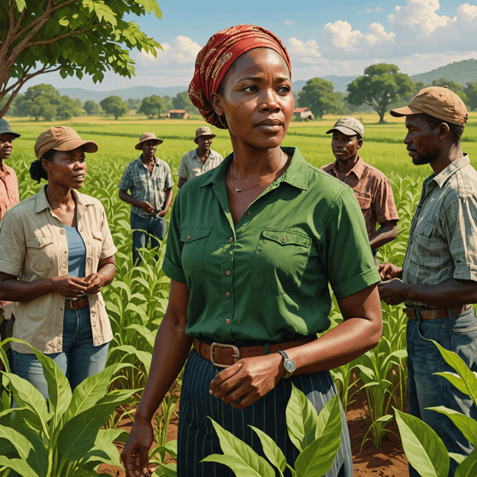 Zanele, a woman in her 30s, standing in a lush field, discussing crop financing with a group of local farmers